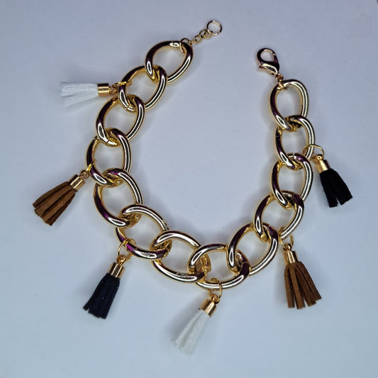 Leather tassel gold chain charm bracelet
