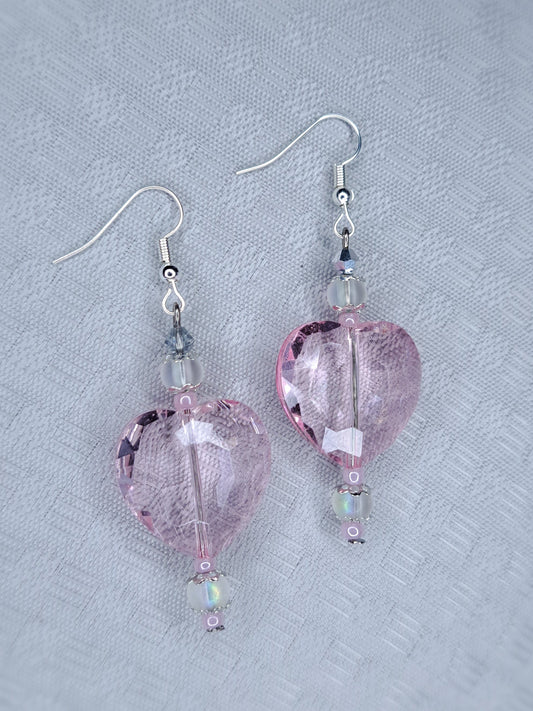 Pink crystal heart stainless steel earrings