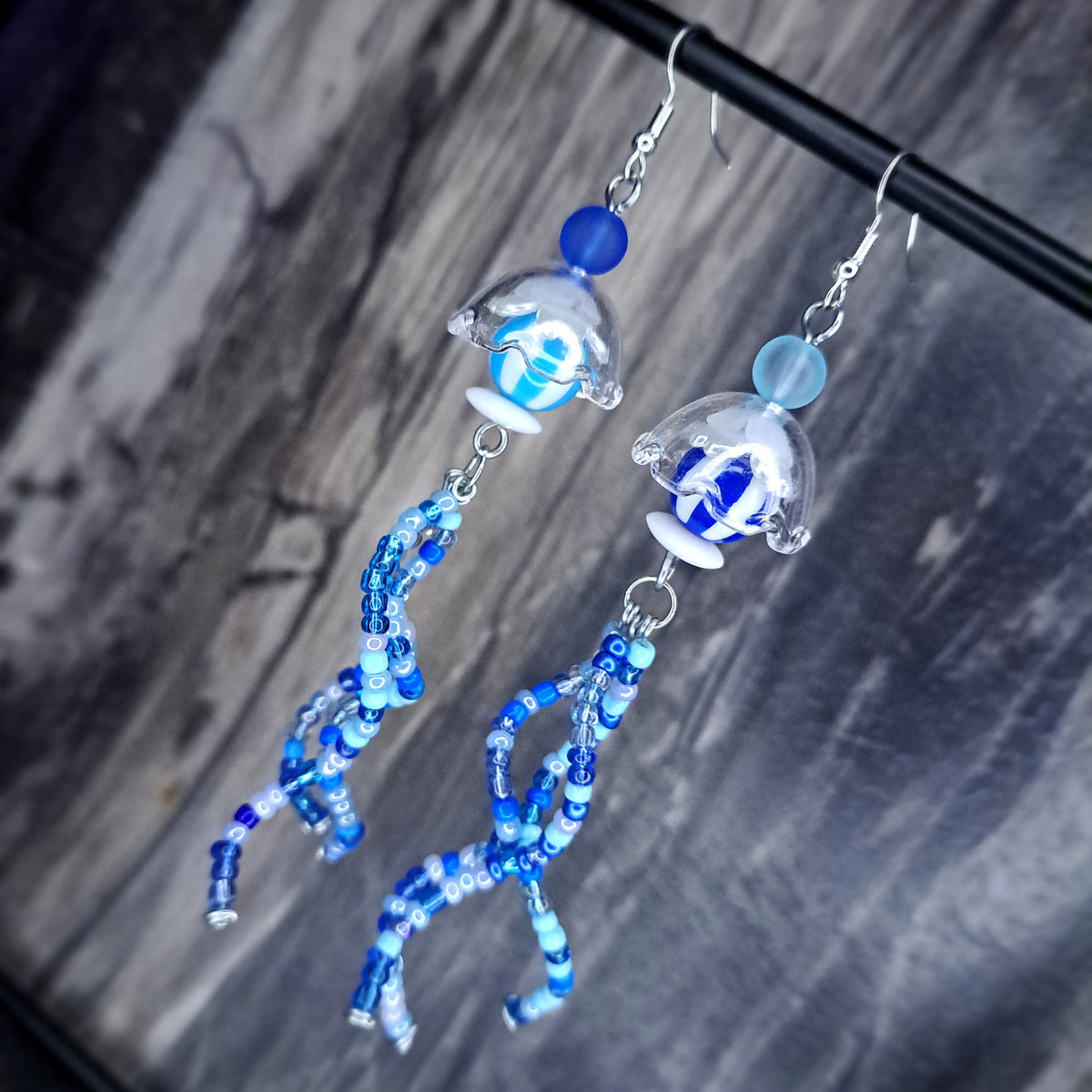 Blue and white jellyfish stainless steel earrings