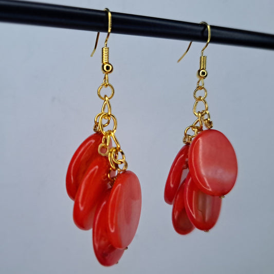 Red coin beads & gold tone stainless steel earrings