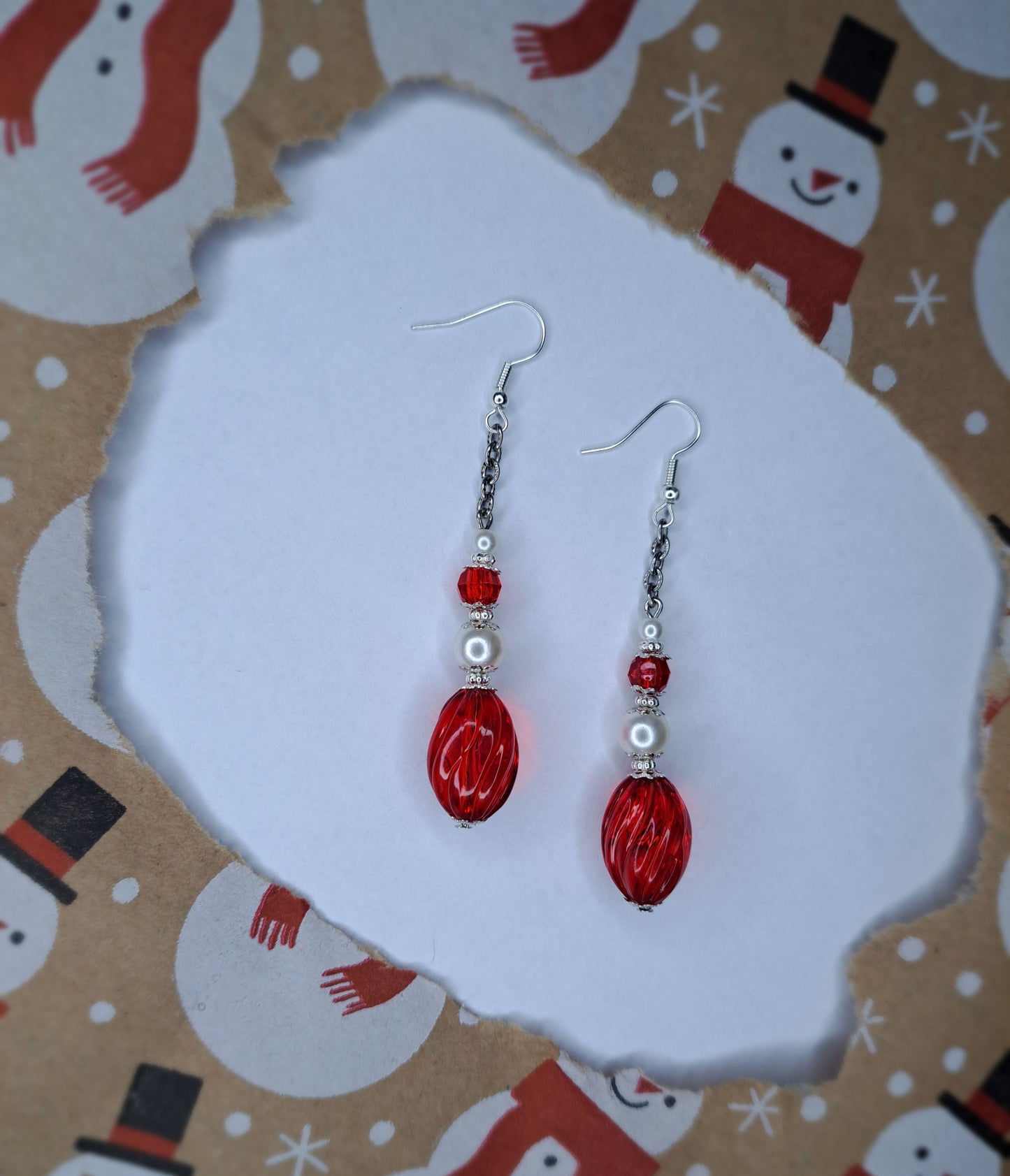 Red and white beaded stainless steel earrings