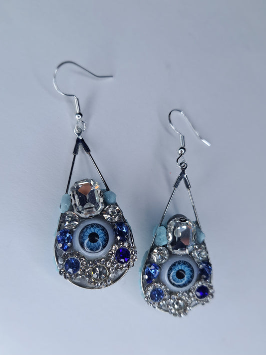 Blue eye ball dangle s925 sterling silver earrings