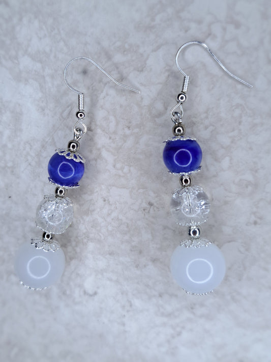 Blue, white and silver stainless steel dangle earrings