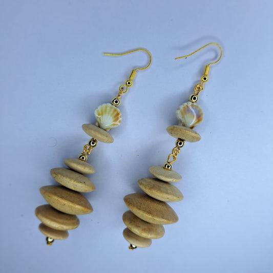 Tan beaded shell gold tone stainless steel earrings