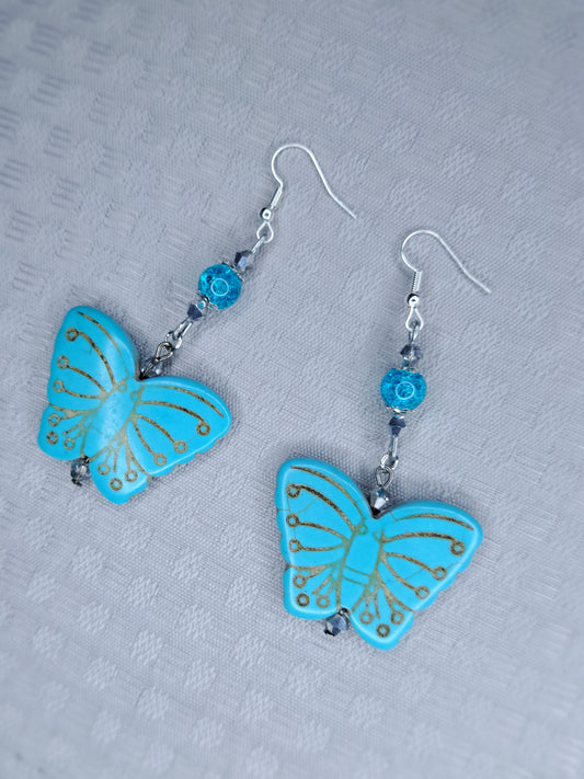 Blue howlite butterfly stainless steel earrings