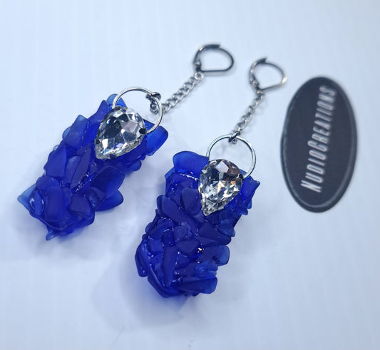 Blue glass and stainless steel dangly earrings