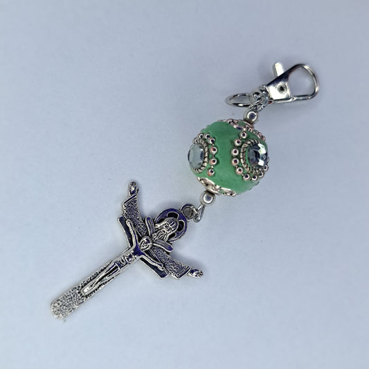 Green beaded crucifix Stainless steel keychain