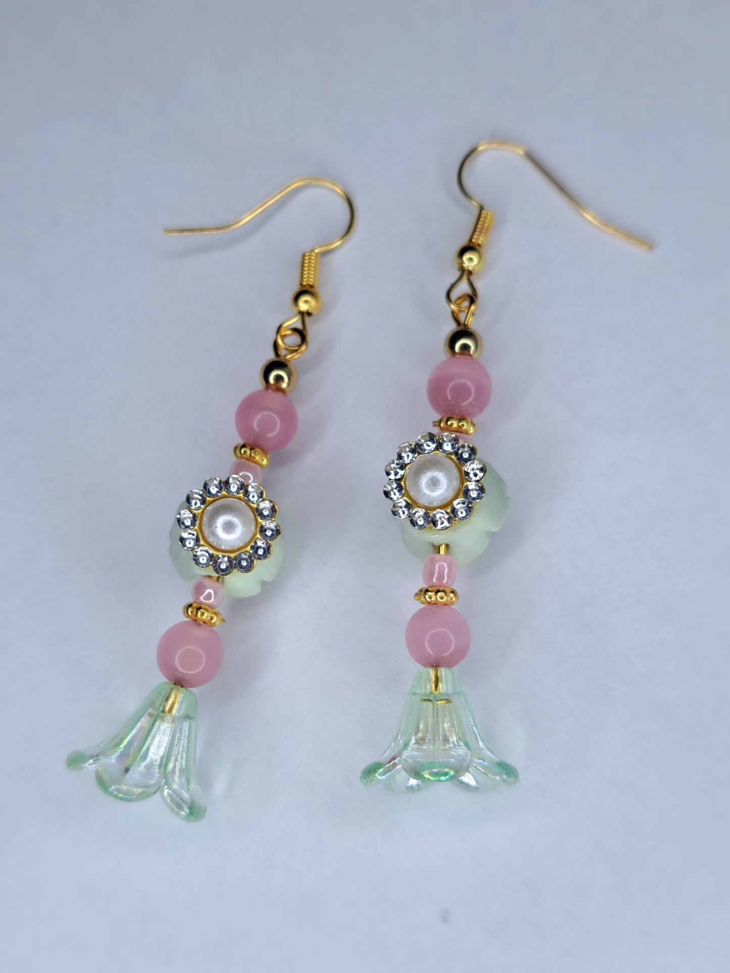 Pink and green gold tone beaded stainless steel earrings