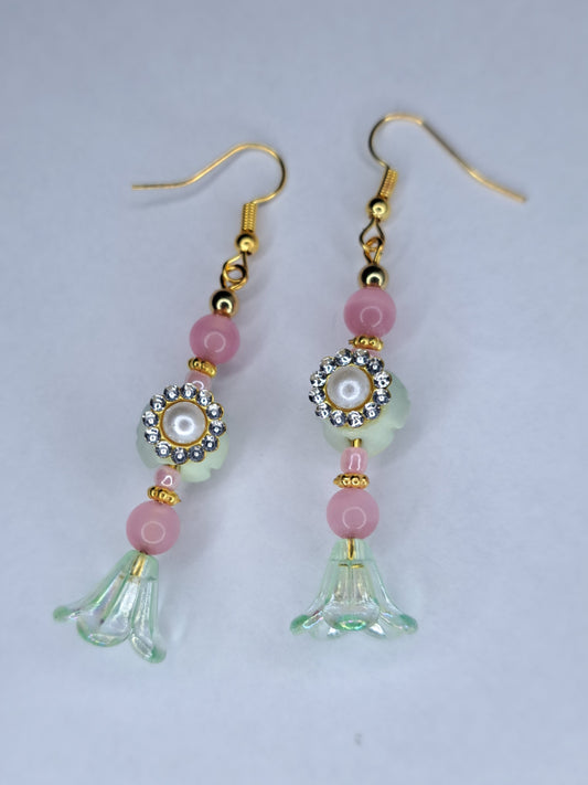 Pink and green gold tone beaded stainless steel earrings