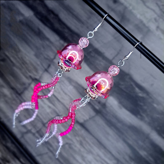 Pink Eyeball jellyfish stainless steel earrings