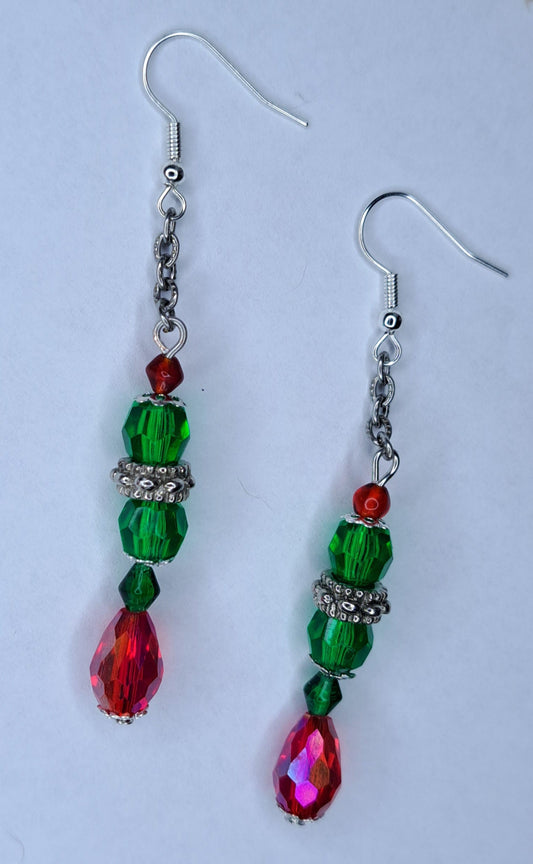 Green and red beaded stainless steel earrings