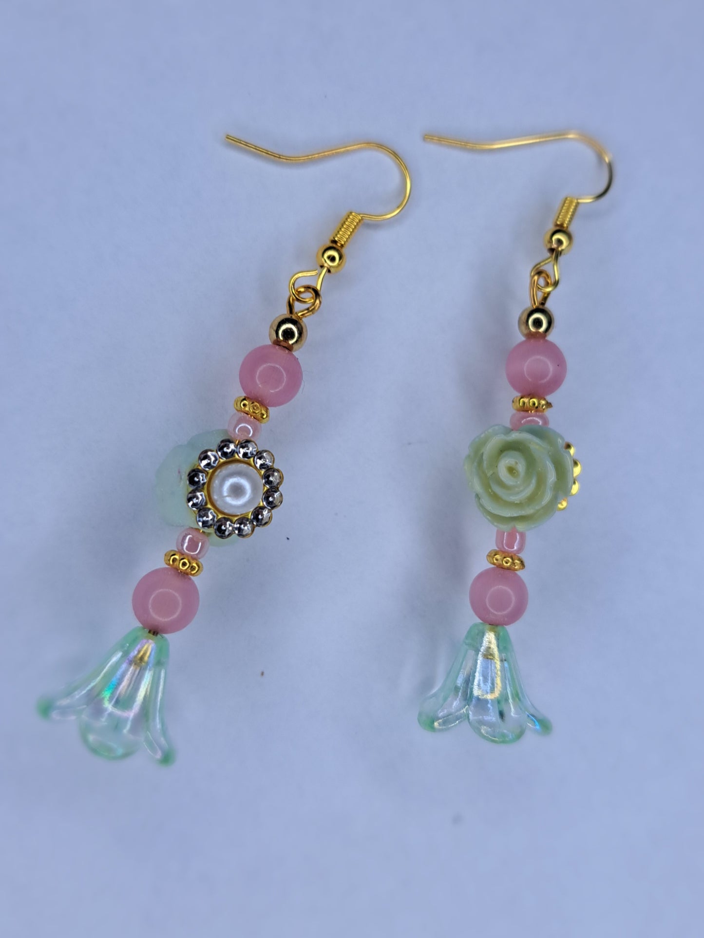 Pink and green gold tone beaded stainless steel earrings