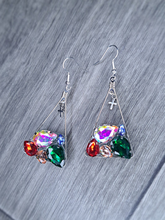 Multicolor glass gym triangle stainless steel earrings