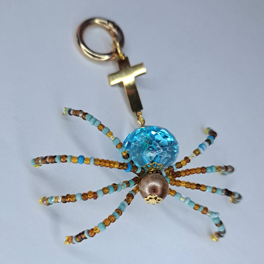 Brown blue and gold Beaded spider keychain