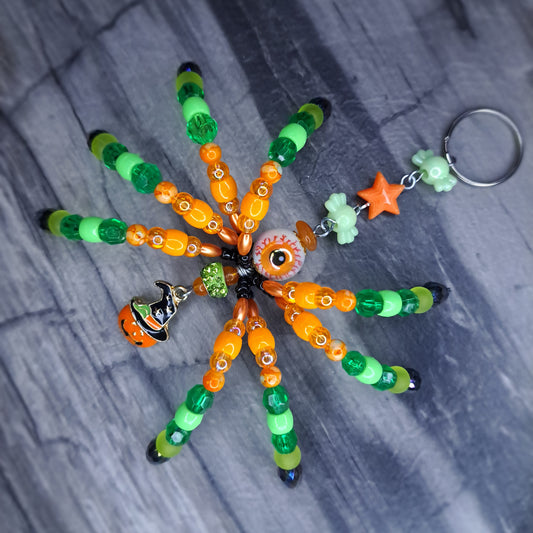 Orange & green eyeball Beaded spider keychain